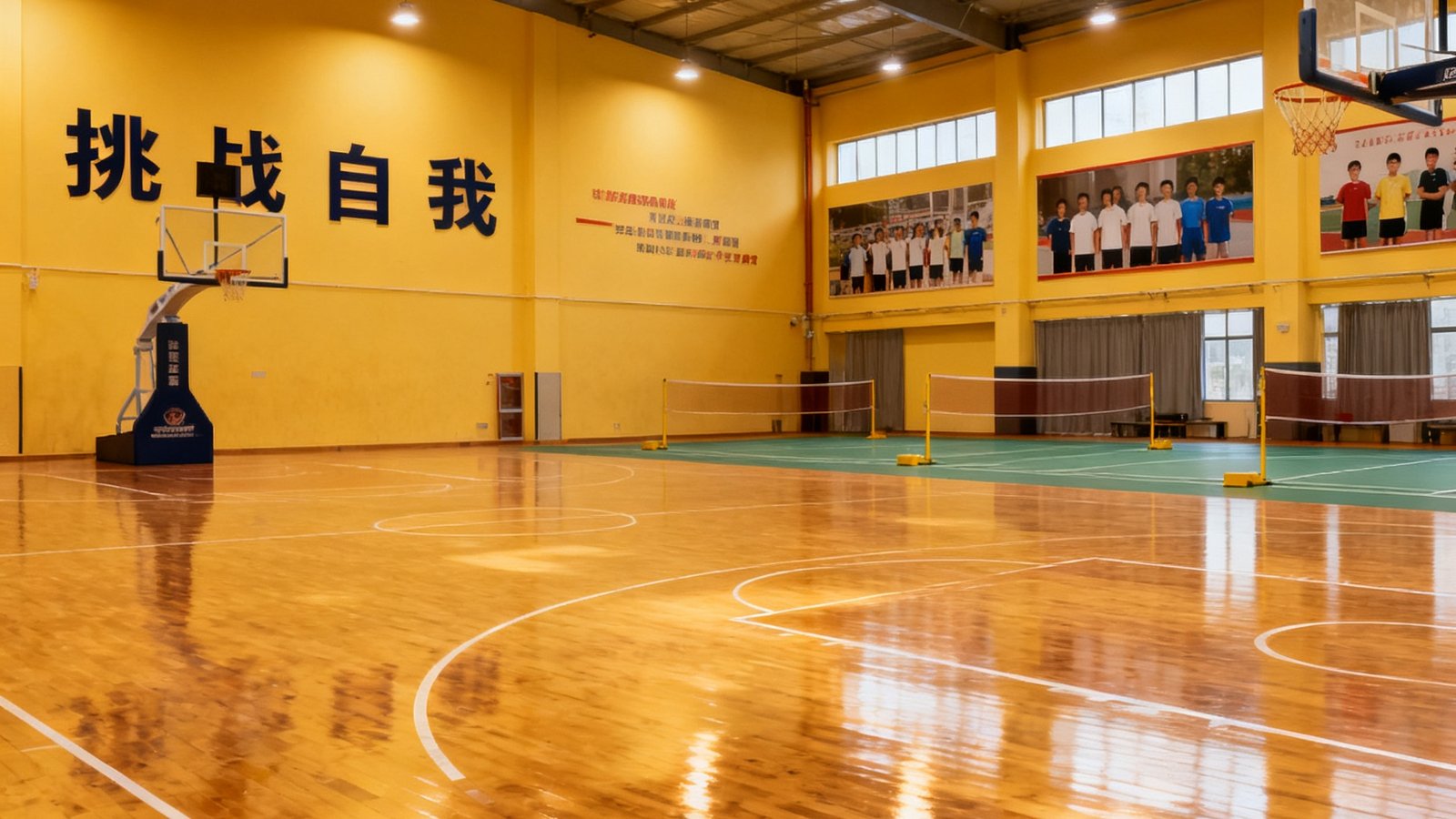 彩神体育训练中心宽敞明亮的室内综合训练馆全景，木质地板反射着柔和的灯光，墙面上悬挂着激励标语和学员合影，远处可见标准篮球架和羽毛球场地。