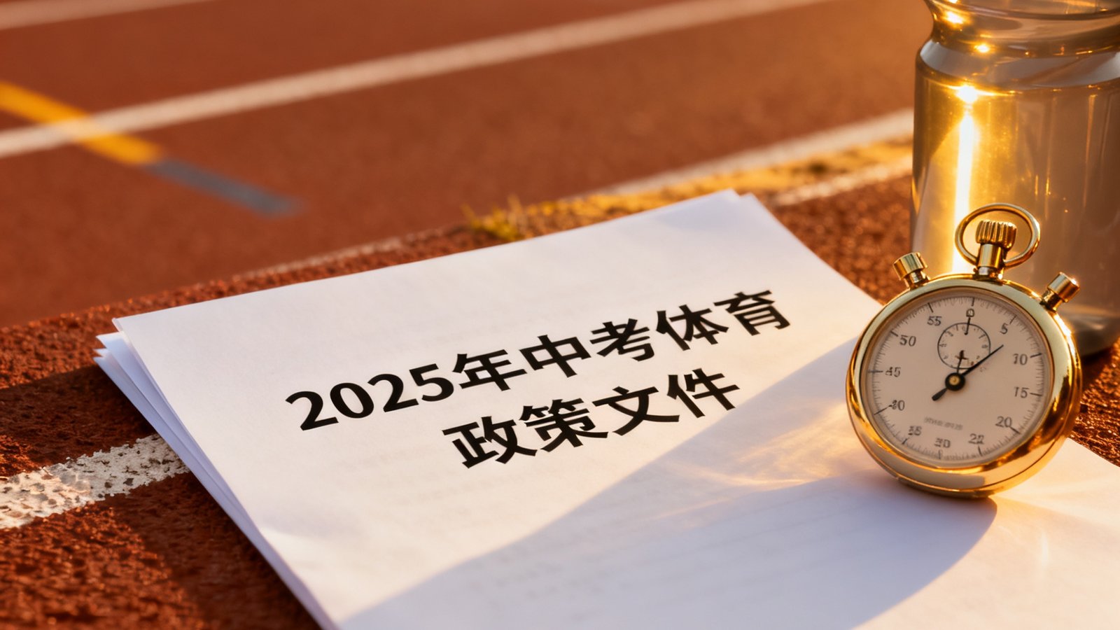 一张展示2025年中考体育政策文件的图片，文件旁放着秒表和运动水壶，背景虚化为田径跑道。
