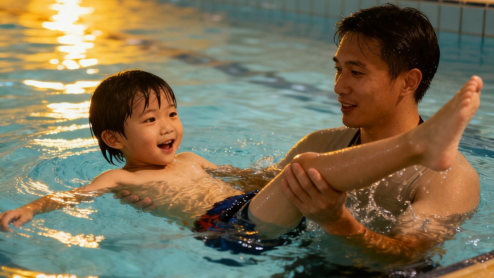 室内恒温游泳池中，一位教练在水中托着一名6岁小学员练习蛙泳腿部动作，孩子脸上带着专注而兴奋的表情，水面在灯光下泛着浅蓝色光泽。