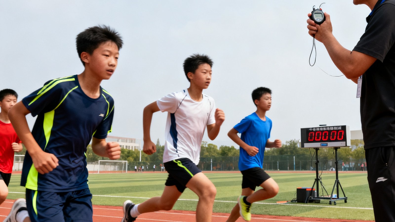 几位初中生身穿速干运动服在标准跑道上进行800米耐力跑训练，教练在跑道旁手持秒表大声报出分段计时，远处可见中考体育模拟测试的计分设备。
